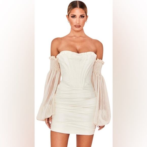 HOUSE OF CB Beau White Ivory Draped Corset Bustier Dreamy Flowy Chiffon Dress - Picture 11 of 16